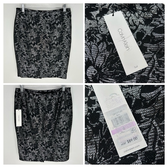 Calvin Klein NWT Black Silver Floral Skirt Size 6 Party Holiday Cocktail‎ NEW - Picture 1 of 13